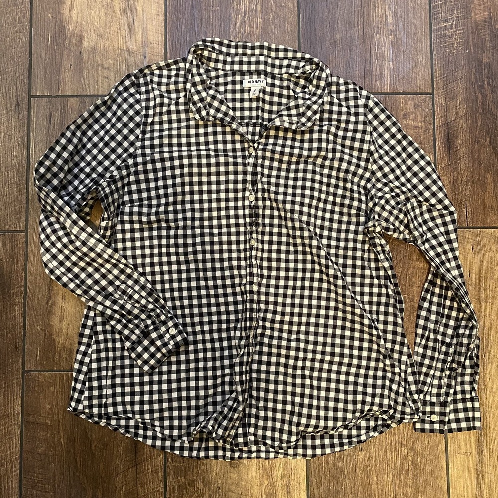 Old Navy Youth Boys Classic Shirt Button Up Long Sleeve Black Checkered Size XL